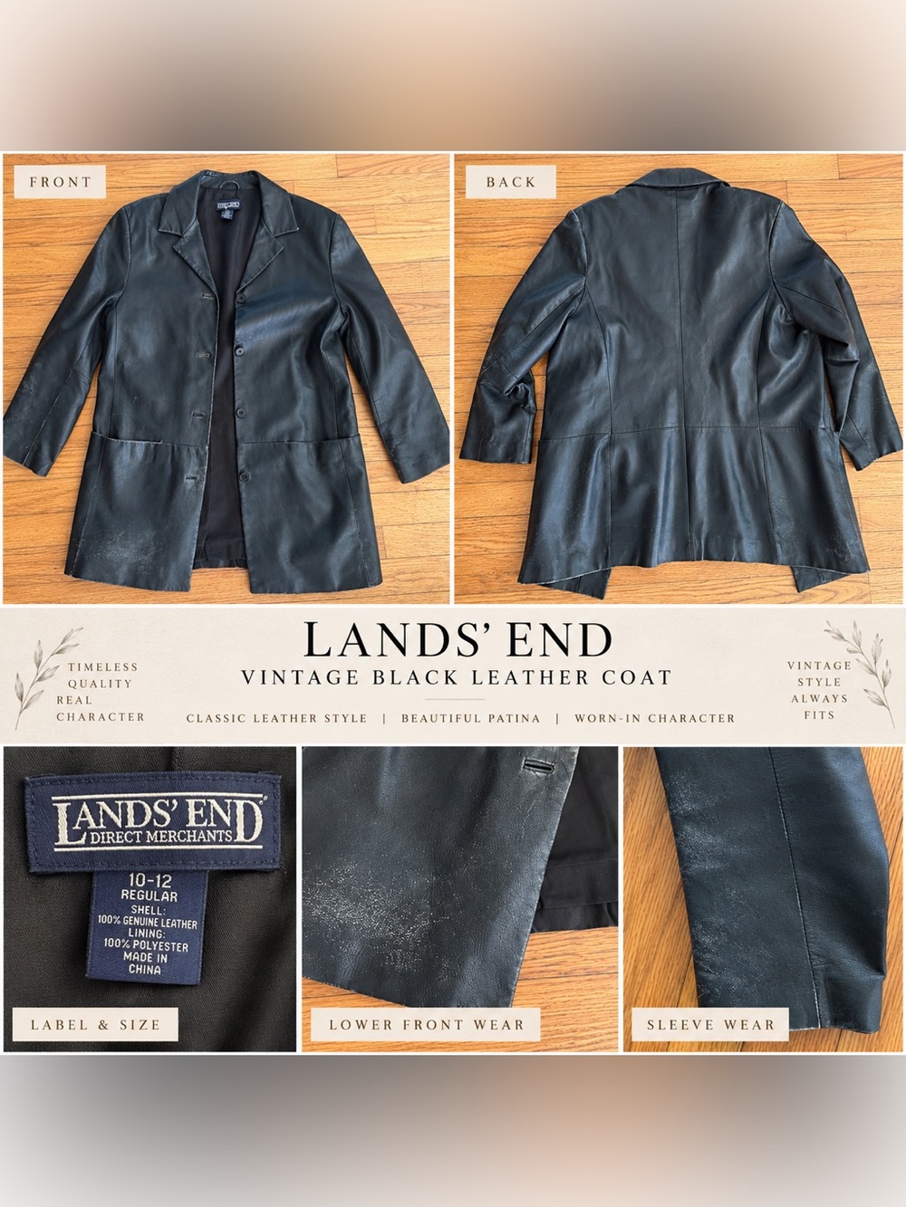 Lands' End Vintage Black Leather Button-Front Jacket
